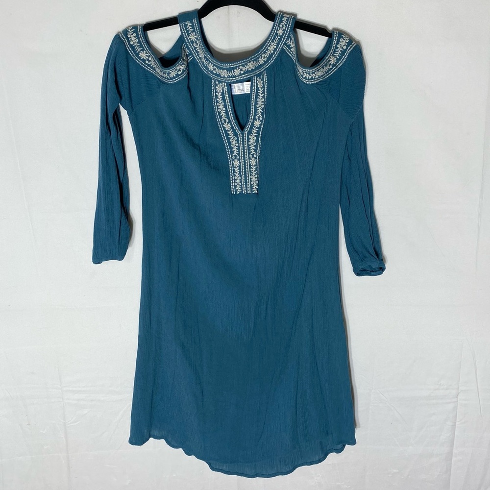 Time And Tru Teal Embroidered Cold Shoulder Long Sleeve Tunic Top Minidress S